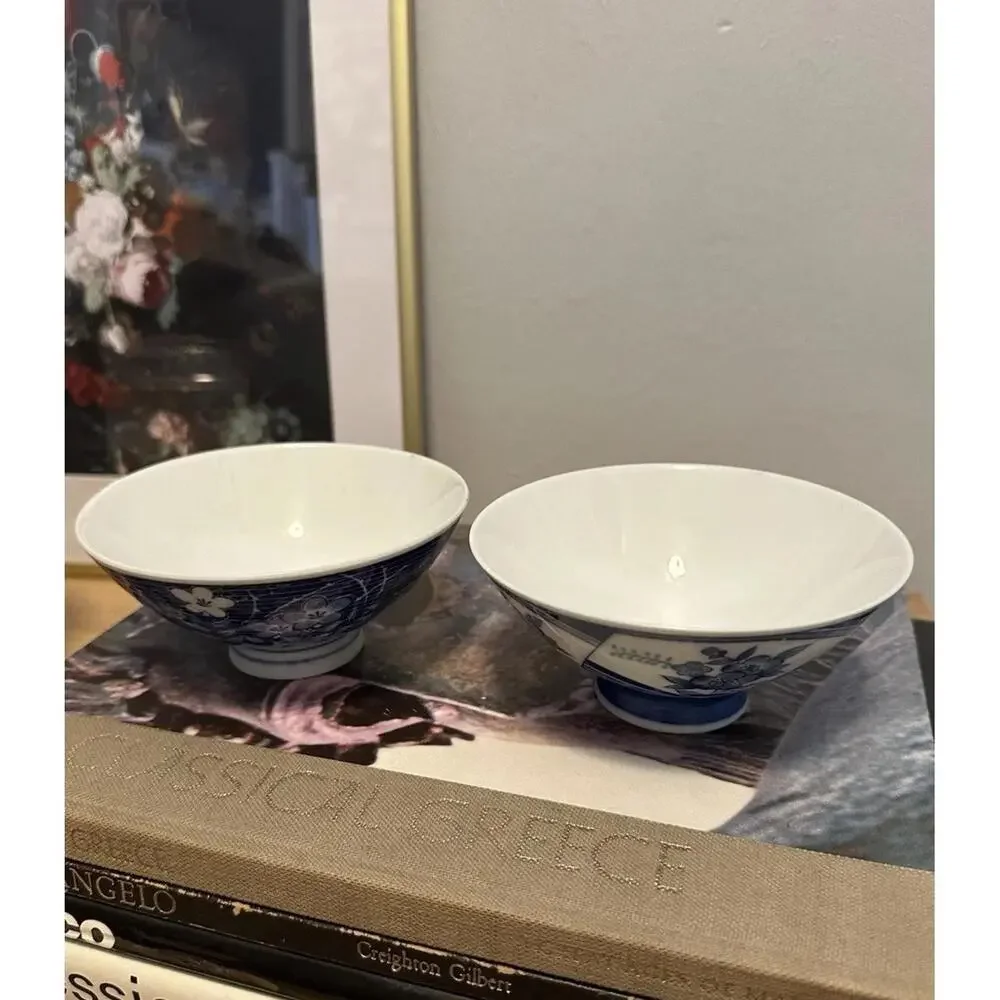 Vintage Pier 1 Blue & White Rice Bowl Pair Floral Porcelain